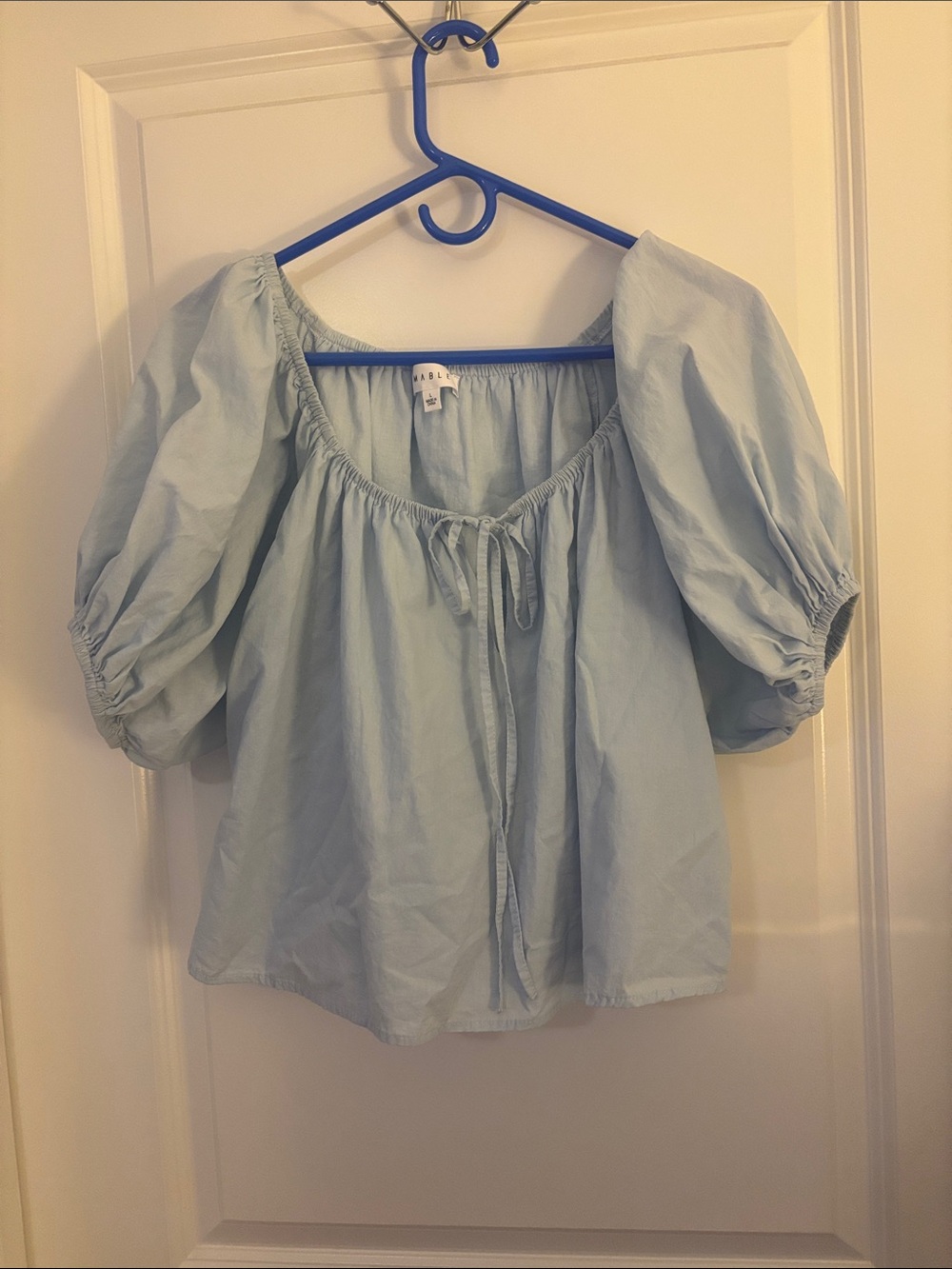 Light Blue Puff Sleeve Peasant Blouse - Unbranded